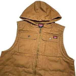 Wrangler Workwear Mens Quilted Hooded Vest Brown Size M Canvas Utility Heavyduty